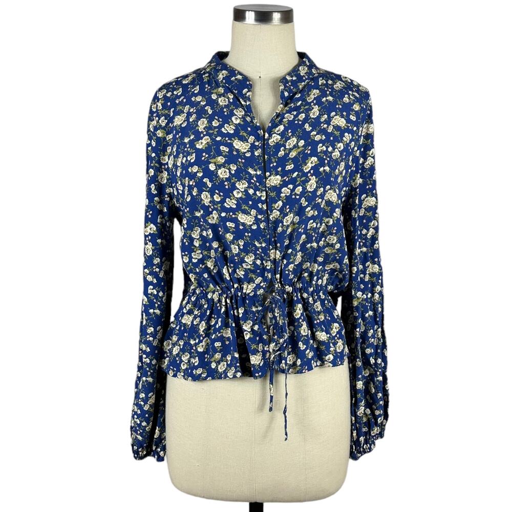 ROLLA'S Blue Floral Hook Clasp Preppy Long Sleeve‎ Blouse XL Boho Navy